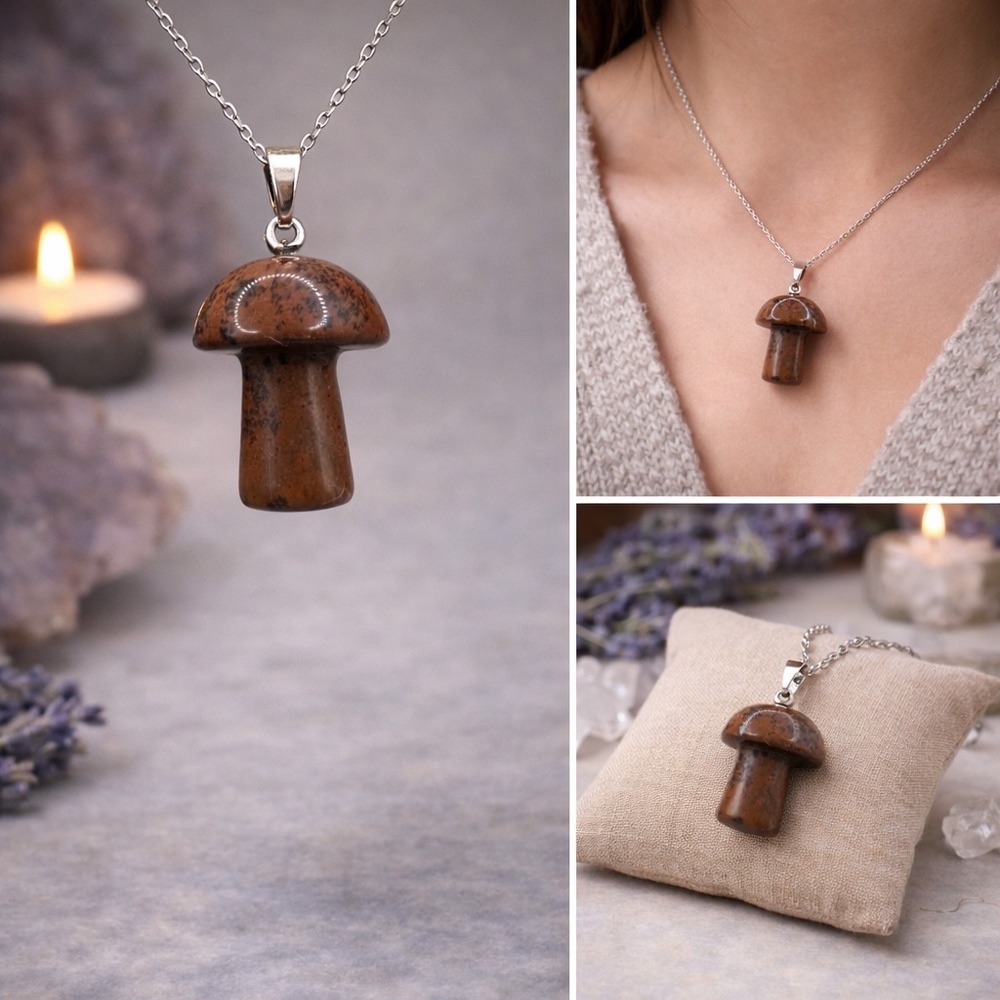 Mahogany Obsidian Mushroom Pendant‎ Necklace Boho Witchy Crystal Jewelry
